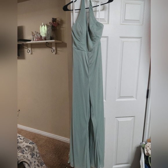 Azazie Halter Jumpsuit in Soft Green - Picture 3 of 5